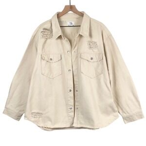 Mila & Tiff Distressed Denim Shacket Jacket Sz XL Ivory 100% Cotton Oversized